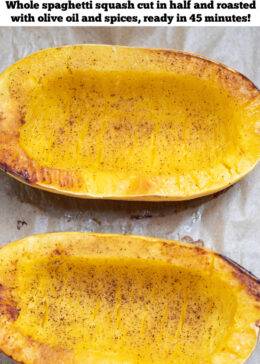 Pinterest pin with roasted spaghetti squash on a sheet pan lined with parchment paper, fresh out of the oven before being scooped out.