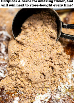 Pinterest pin with fajita seasoning pouring out of a tablespoon that's resting on a cutting board.