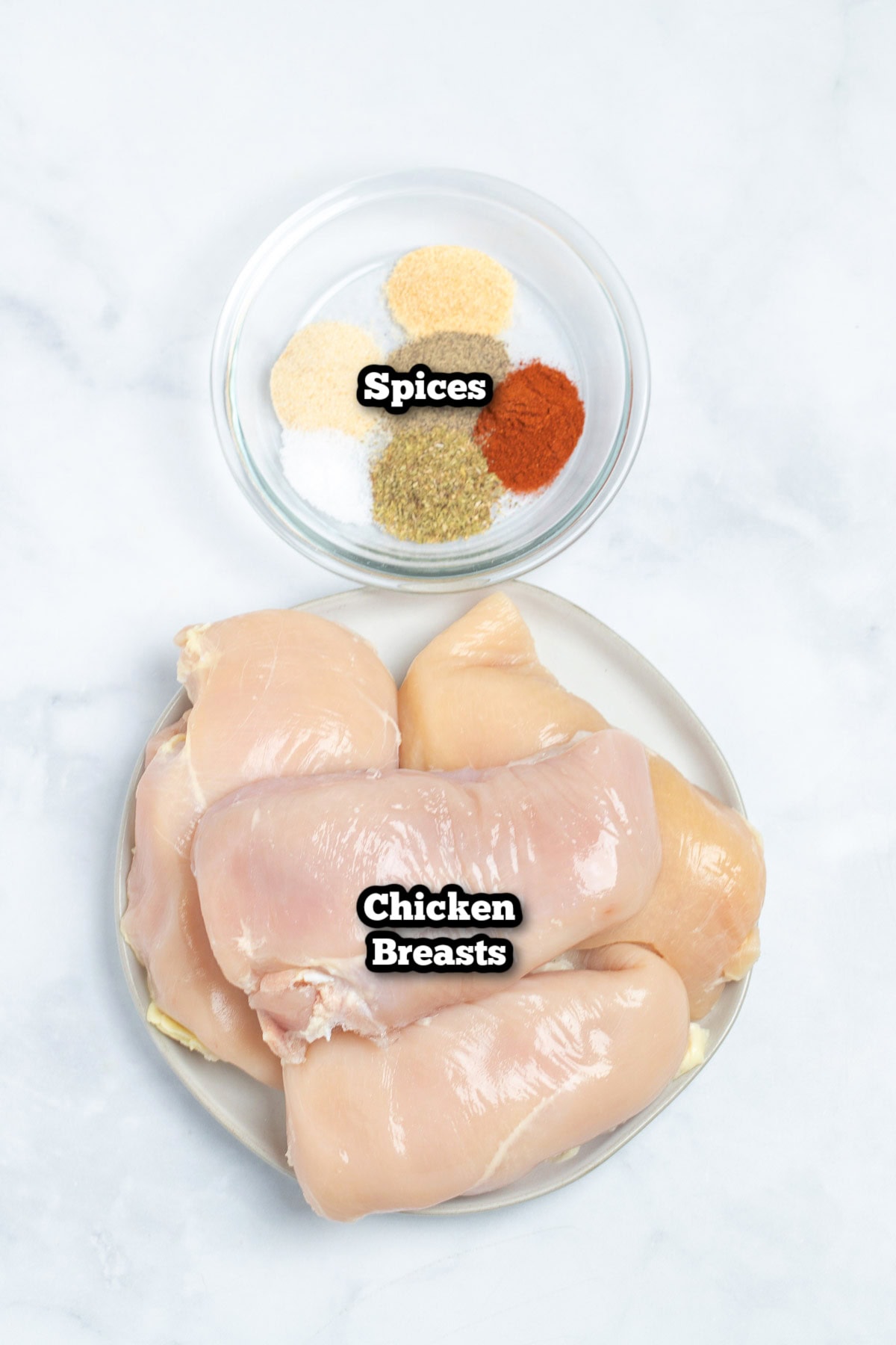 Individual ingredients for Instant Pot Shredded Chicken on a table.