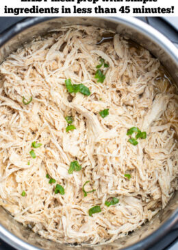 Pinterest pin with an instant pot with shredded chicken breast topped with fresh chopped green onions.