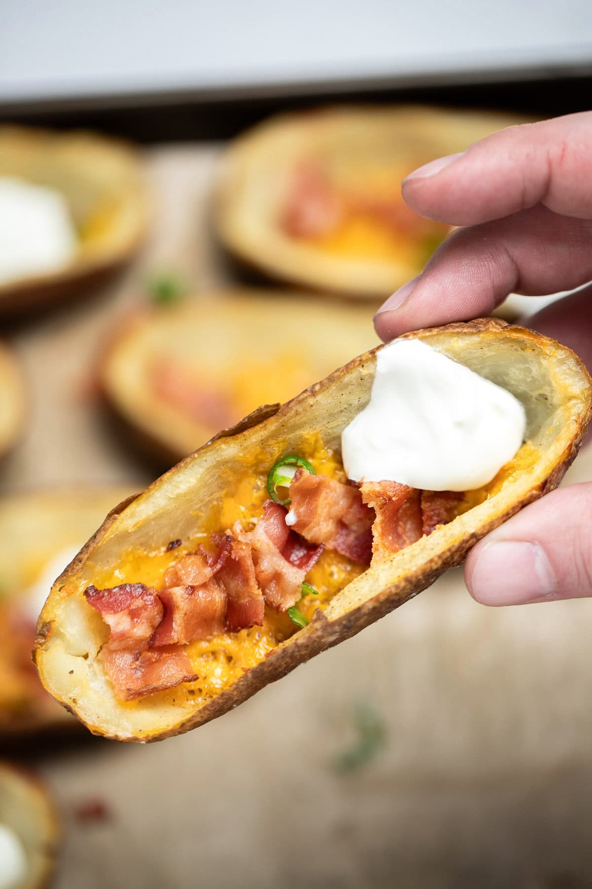 A hand holding a loaded potato skin topped with cheese, bacon, green onions, and sour cream, over a sheet pan with more baked potato skins.